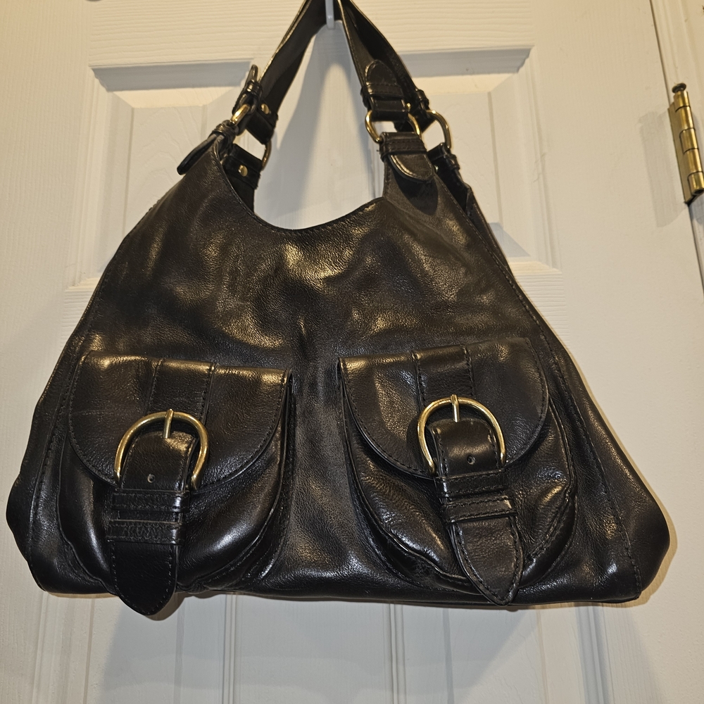 Banana Republic Black Leather Shoulder Bag with Gold Buckles